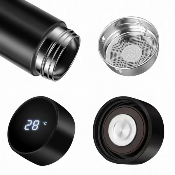 Black thermos with digital temperature display, metal mesh filter, and black lid components on a white background.